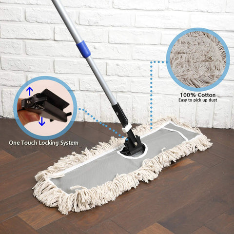 Level Up Your Janitorial Setup With These Heavy Duty Cotton Mop Pad Refills For Universal Industrial Floor Dust Mops Super Absorbent Easy Slide On Compatible With Any Standard Frame 2 Pack, showing 100% cotton mop pad on a mop handle.
