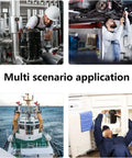 Four scenarios showing a Six Pack Extended Handle Telescopic Inspection Mirror Set used in engineering, automotive, marine, and home maintenance.