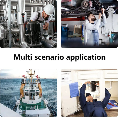 Four scenarios showing a Six Pack Extended Handle Telescopic Inspection Mirror Set used in engineering, automotive, marine, and home maintenance.