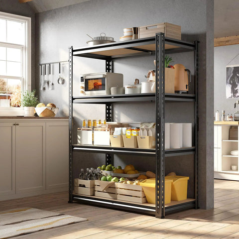 Heavy Duty 4 Tier 48 Inch Metal Shelving Unit With Easy Assembly For Home Garage 1600 Lb Capacity Rolled Edge Steel Columns Wide Open Shelves For Easy Access Storage in kitchen storage room