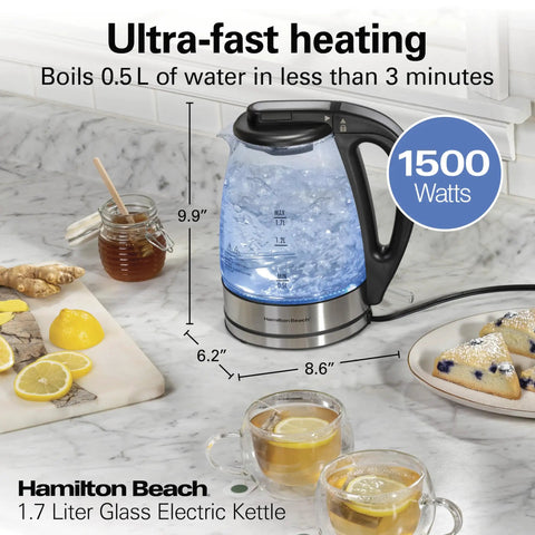 1.7L Electric Kettle With Fast Boil 1500W, Water Boiler And Heater, LED Indicator, Built In Mesh Filter, Auto Shutoff And Boil Dry Protection, Cordless Serving, Clear Glass Design shown on countertop.
