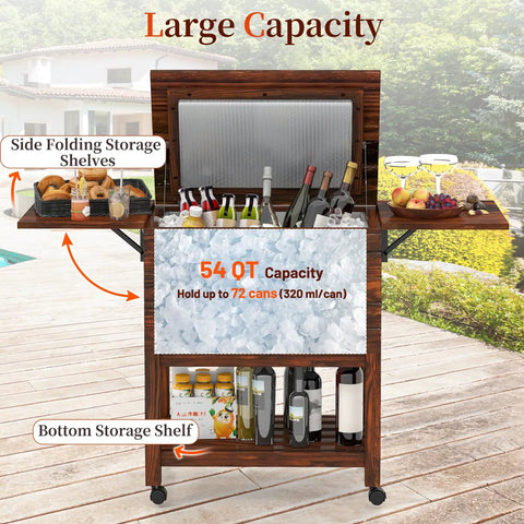 54 Quart Rolling Patio Cooler Cart With Pine Wood Ice Chest And Drain Fold Down Shelves Bottle Opener On Wheels For Backyard Poolside Deck Parties Holds Up To 72 Cans Or Bottles, featuring open storage shelves and assorted beverages.