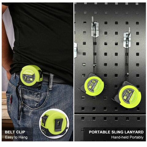 25 Ft Tape Measure With Dual Metric And Imperial Scales One Eighth Inch Fractions Easy Read Blade on belt and pegboard
