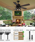 Rustic 36 Inch Ceiling Fan With Lights And Remote, Dope Retractable Blades In A Caged Design on a porch with furniture