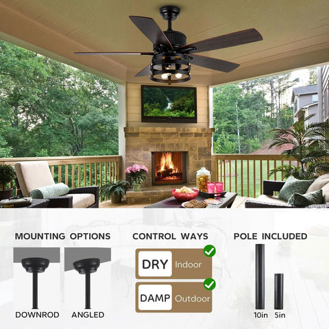 Rustic 36 Inch Ceiling Fan With Lights And Remote, Dope Retractable Blades In A Caged Design on a porch with furniture