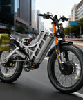 Romeo Pro Electric Bike With 5600W Dual Motors Hitting Fifty Mph, silver frame, fat tires, green cargo bag, urban setting.
