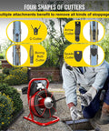 Heavy Duty Electric Drain Auger Kit With Cutter And Anti Slip Glove Knock Out Stubborn Clogs In One To Four Inch Pipes utilizing C-Cutter, Arrow Cutter, Boring Bulb Cutter, Spade Cutter.