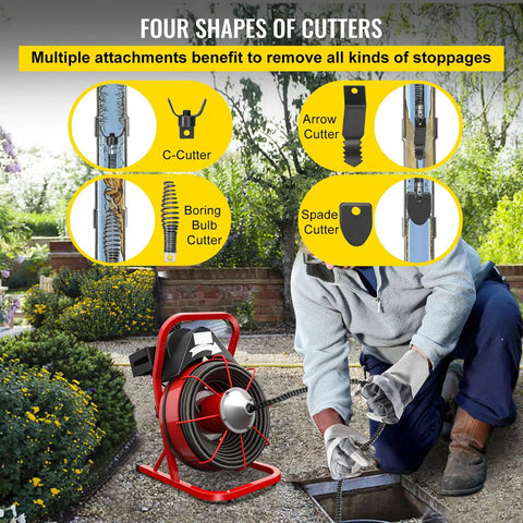 Heavy Duty Electric Drain Auger Kit With Cutter And Anti Slip Glove Knock Out Stubborn Clogs In One To Four Inch Pipes utilizing C-Cutter, Arrow Cutter, Boring Bulb Cutter, Spade Cutter.