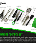All-In-One Outdoor Kitchen Kit 12-Piece Stainless Steel Camping Utensils Set with chef knife, spatula, tongs, cutting board