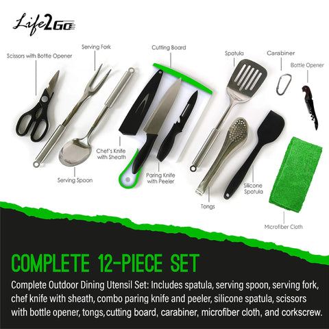 All-In-One Outdoor Kitchen Kit 12-Piece Stainless Steel Camping Utensils Set with chef knife, spatula, tongs, cutting board