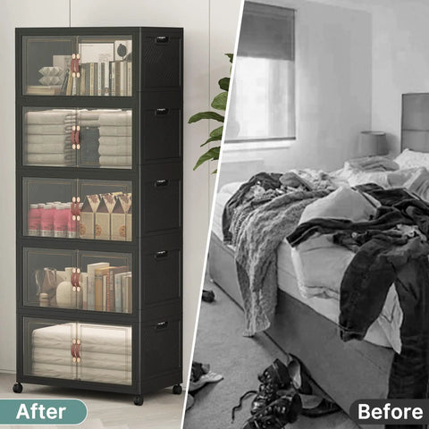 Heavy Duty Lockable Plastic Storage Bins 8 Pack Collapsible Stackable Organizers shown organizing items with clean display after decluttering.