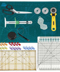 All-In-One Sewing And Quilting Kit With 45mm Rotary Cutter A3 Cutting Mat Fabric Scissors Three Replacement Blades Two Quilting Rulers No Fuss Sewing Clips For Easy Fabric Cutting Patchwork Quilting And Sewing displayed on surface