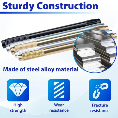 Close-up of steel alloy rods in the 10 Piece Pro DIY Wheel Alignment Tool Kit with details on strength and resistance features.