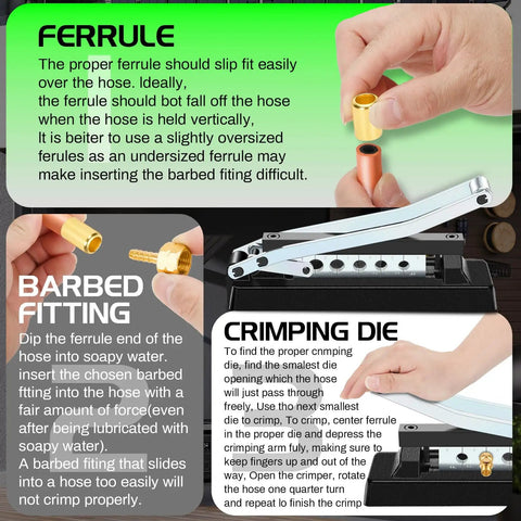 Instructional diagram for using Heavy Duty Hose Crimper and Crimping Tool with Ferrules Pack of 50 for hose fitting.