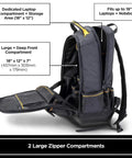 Side view of 35-Pocket Solid Molded Base Heavy-Duty Tool Backpack with open compartments showing laptop and front pocket sizes.
