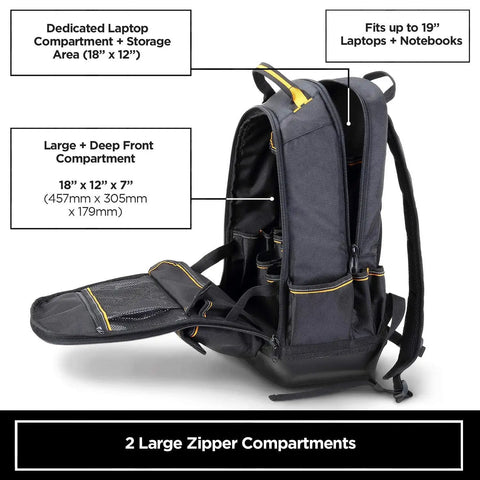 Side view of 35-Pocket Solid Molded Base Heavy-Duty Tool Backpack with open compartments showing laptop and front pocket sizes.