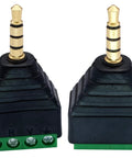 No Sweat Setup 3.5mm TRRS Audio Male To Four Pin Female Screw Terminal Solderless Converter Adapter showing black plug with screw terminals.