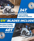Heavy Duty Brushless Cordless Circular Saw With Twenty Volt Max Motor cuts with 7-1/4 inch blades for soft and hard materials.
