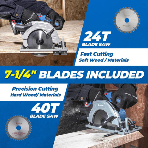 Heavy Duty Brushless Cordless Circular Saw With Twenty Volt Max Motor cuts with 7-1/4 inch blades for soft and hard materials.