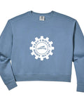 Cool Womens Electronic Body Music Crop Sweatshirt In Soft Garment-Dyed Black Cotton Fabric With Relaxed Fit For Ebm And Industrial Music Fans Who Vibe Hard in light blue color with logo.