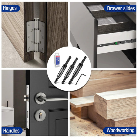 WORKPRO 3-piece self-centering HSS drill bit set with hex key; cabinet/door installation, sizes 3/32, 7/64, 1/8 in.