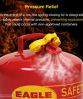 No Sweat One Gallon Type I Red Safety Gas Can With Self Closing Spout And Screw On Funnel For Hauling Gasoline Flammable Fuel Storage And Leak Proof Dispensing For Your Garage Haul And Weekend Grind showing pressure relief feature.