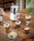 All In One Milk Frother And Steamer With 27oz Capacity Temperature Control Hot Or Cold Foam Customizable Texture next to various coffee drinks.