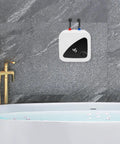 Solid Build Instant Electric Water Heater For Under Sink, 2.1 Gallon Compact Tankless Unit mounted above a bathtub.
