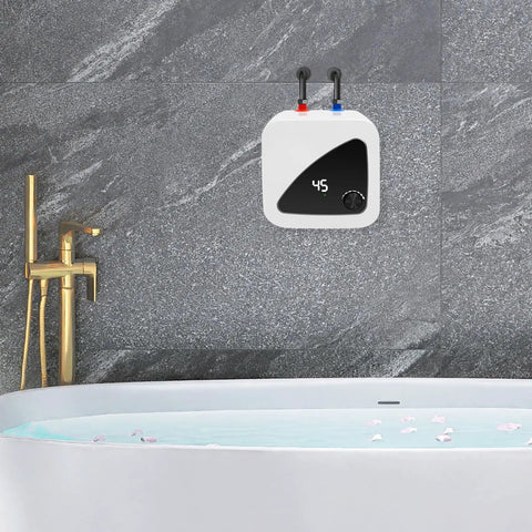 Solid Build Instant Electric Water Heater For Under Sink, 2.1 Gallon Compact Tankless Unit mounted above a bathtub.