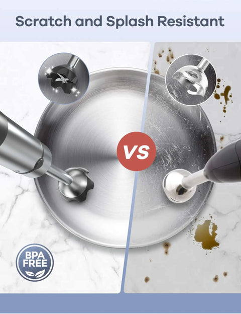 Comparison of Hella Sick Corded Immersion Blender's scratch-resistant stainless steel against a damaged surface.