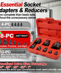 8 Piece Socket Adapter And Reducer Set For One Quarter, Three Eighths, One Half, Three Quarters And One Inch Drive Sizes in red case