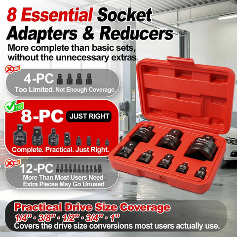 8 Piece Socket Adapter And Reducer Set For One Quarter, Three Eighths, One Half, Three Quarters And One Inch Drive Sizes in red case