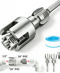 Four In One Pipe Wrench And Threader Kit For Pvc Pipes Electric Drill Compatible set with 1/2 and 3/4 inch threading tools.
