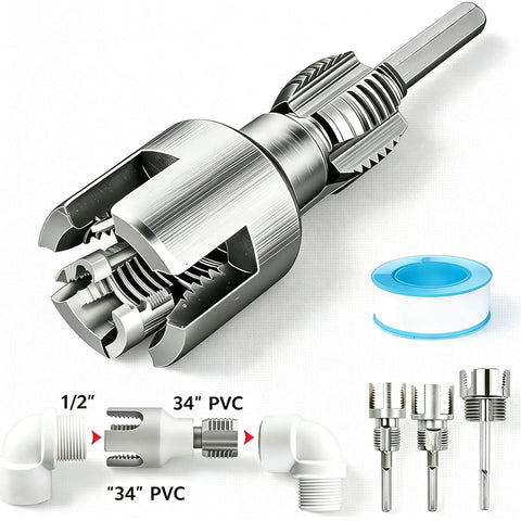 Four In One Pipe Wrench And Threader Kit For Pvc Pipes Electric Drill Compatible set with 1/2 and 3/4 inch threading tools.
