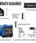Contents of 5000 Peak Watt Super Quiet Portable Inverter Generator With Remote Start And Auto Choke including oil, tool bag, remote key.