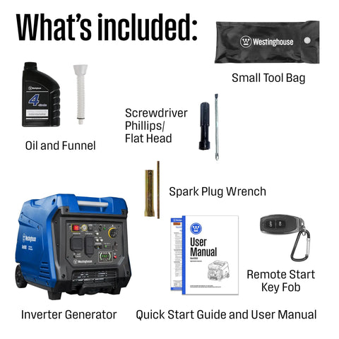 Contents of 5000 Peak Watt Super Quiet Portable Inverter Generator With Remote Start And Auto Choke including oil, tool bag, remote key.