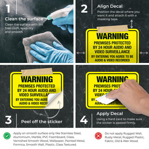 Step-by-step guide on applying Heavy Duty Security Surveillance Decal Sticker showing cleaning, aligning, peeling, and applying.