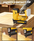 Tough 18 Gauge Cordless Brad Nailer And Stapler Pair showing safety contact tip and locked/unlocked mechanism on wooden project.
