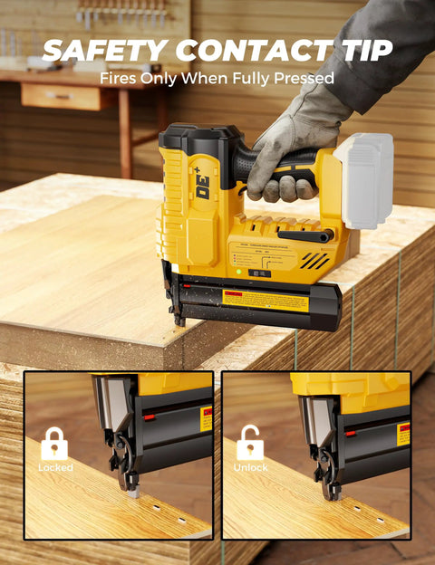 Tough 18 Gauge Cordless Brad Nailer And Stapler Pair showing safety contact tip and locked/unlocked mechanism on wooden project.