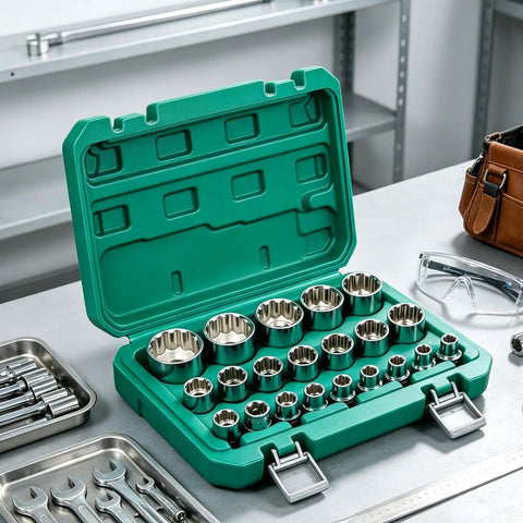 Rock Solid 12 Point Metric Socket Set With Power Drill Adapter And Durable Storage Case For Tough Auto Repairs And Home Plumbing Jobs To Prevent Slippage On Corroded Bolts. open teal case with metric 12-point steel sockets