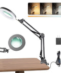 Hands Free Desk Magnifier With Light And Clamp, Grab And Go Ready, 10X Real Glass Lens on wood table with LED modes