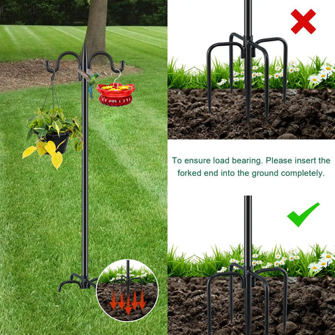 Two Pack 92 Inch Heavy Duty Shepherds Hook Garden Pole Set Three Quarter Inch Thick Outdoor Hanger For Bird Feeders, Hummingbird Feeders, Plant Baskets, Solar Lights And Lanterns installed in garden with plant and feeder