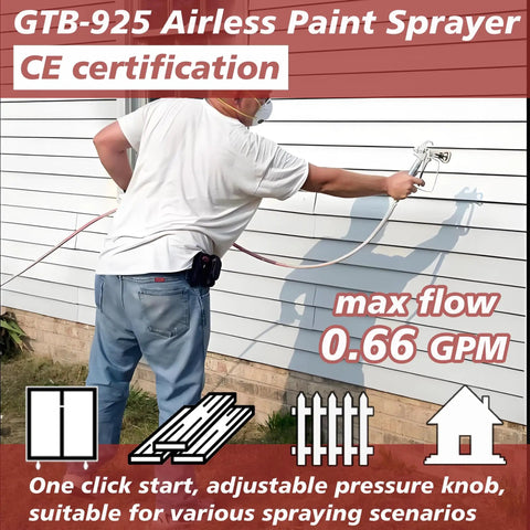 Heavy Duty Airless Paint Sprayer With Fifty Foot Hose And Three Swappable Tips Crush Exterior Painting Projects On Homes Fences And Decks Straight From The Paint Bucket Save Serious Sweat Equity And Get Her Done Quick in use on siding with adjustable pressure knob.