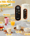 10 In 1 Automatic Nut Milk Maker With 42 Oz Capacity For Almond Soy Oat And Plant Based Milks And Juices Dairy Free Beverages With LED Panel Delay Start Keep Warm And Self Clean shown in kitchen setting with various drinks in glasses
