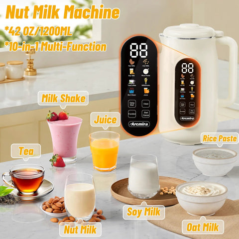 10 In 1 Automatic Nut Milk Maker With 42 Oz Capacity For Almond Soy Oat And Plant Based Milks And Juices Dairy Free Beverages With LED Panel Delay Start Keep Warm And Self Clean shown in kitchen setting with various drinks in glasses