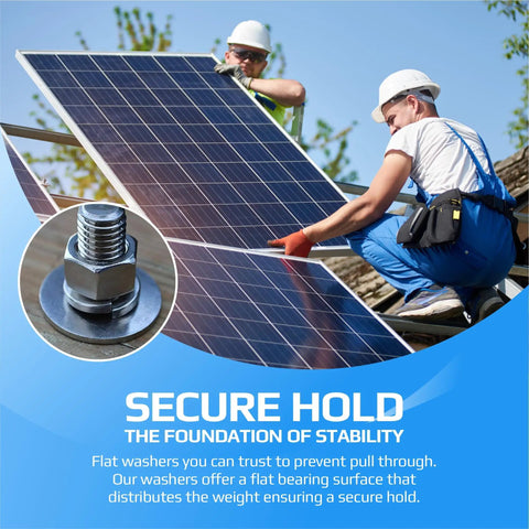 Workers installing solar panels using Beefy Fender Washer Large OD 20mm By 56mm Heavy Duty Zinc Plated Alloy Steel For Screws ISO 7093.