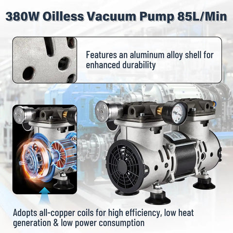 Big Suction Oil Free Vacuum Pump 85L Per Minute With Handy On Off Toggle And Aluminum Noise Damper Oilless Lab Science Gear showcasing aluminum alloy shell.