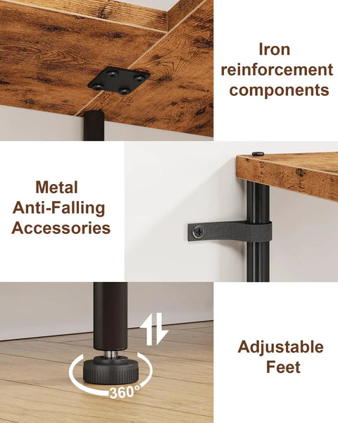 Close-up of iron reinforcement components and adjustable feet of Top Notch 5 Tier L Shaped Corner Bookshelf 60 Inch Tall.