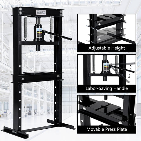 Heavy Duty 12 Ton Hydraulic H Frame Shop Press With Adjustable Table And Movable Stamping Plates features adjustable height and labor-saving handle.