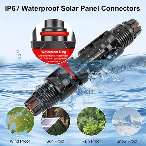 DIY Ready Solar Panel Connector Kit With 40 Pieces And 20 Pairs, IP67 Waterproof showing connector detail and weatherproof icons